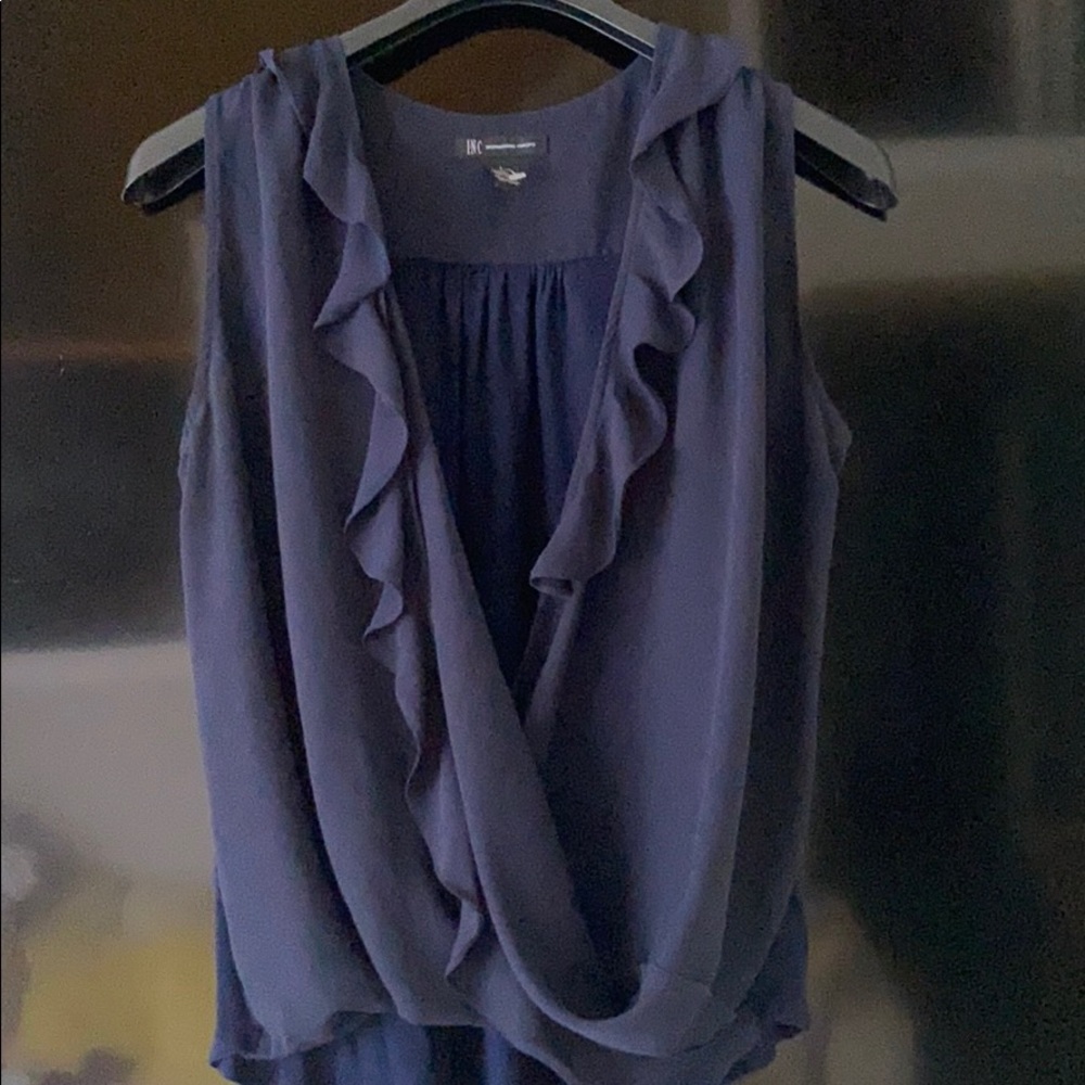 NAVY BLUE RUFFLED SLEEVELESS V NECK FAUX WRAP TOP